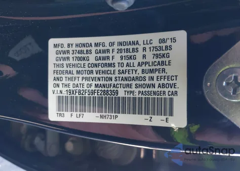 2015 Honda Civic Lx из США, поврежденный, VIN 19XFB2F59FE288359